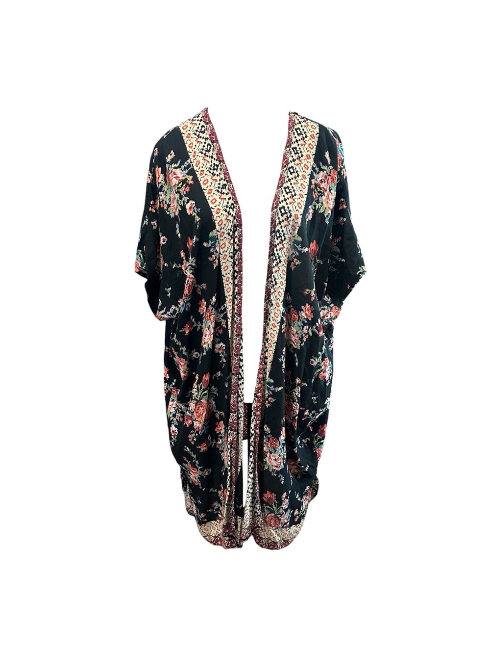 Angie Black Floral Kimono Robe with Cream & Pink Trim